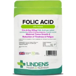 A bright green and white resealable pouch of Lindens Folic Acid tablets containing 240 tablets. Each tablet provides 400μg of folic acid daily, essential for women planning pregnancy as it supports maternal tissue growth and healthy foetal development. The UK-manufactured, vegan-friendly supplement clearly displays dosage information and nutritional content. This preconception supplement is a key component of fertility preparation, offering convenient home supplementation to support couples on their conception journey and reduce risks of birth defects